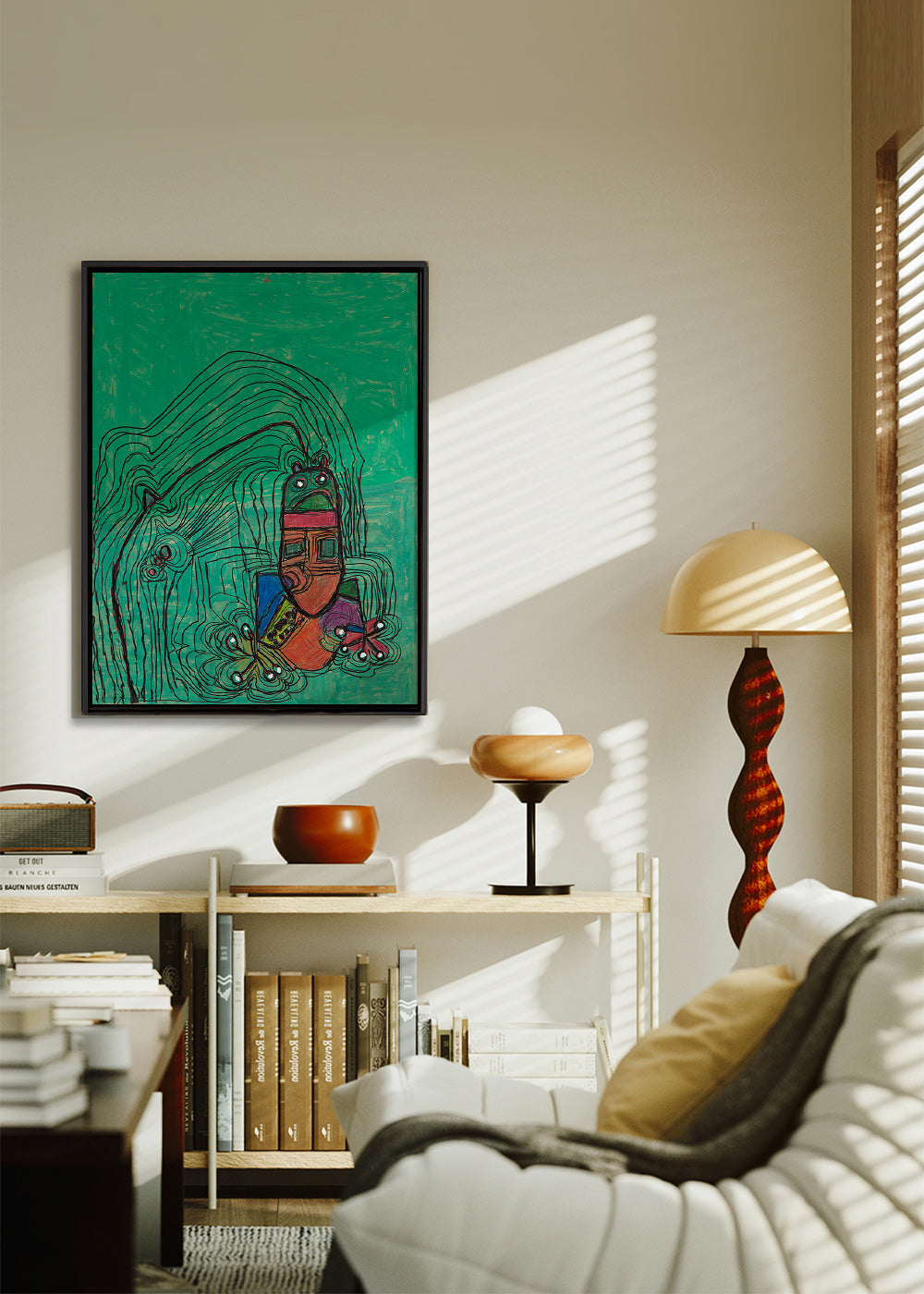Speelse illustratie met figuur op groene achtergrond – Canvas2