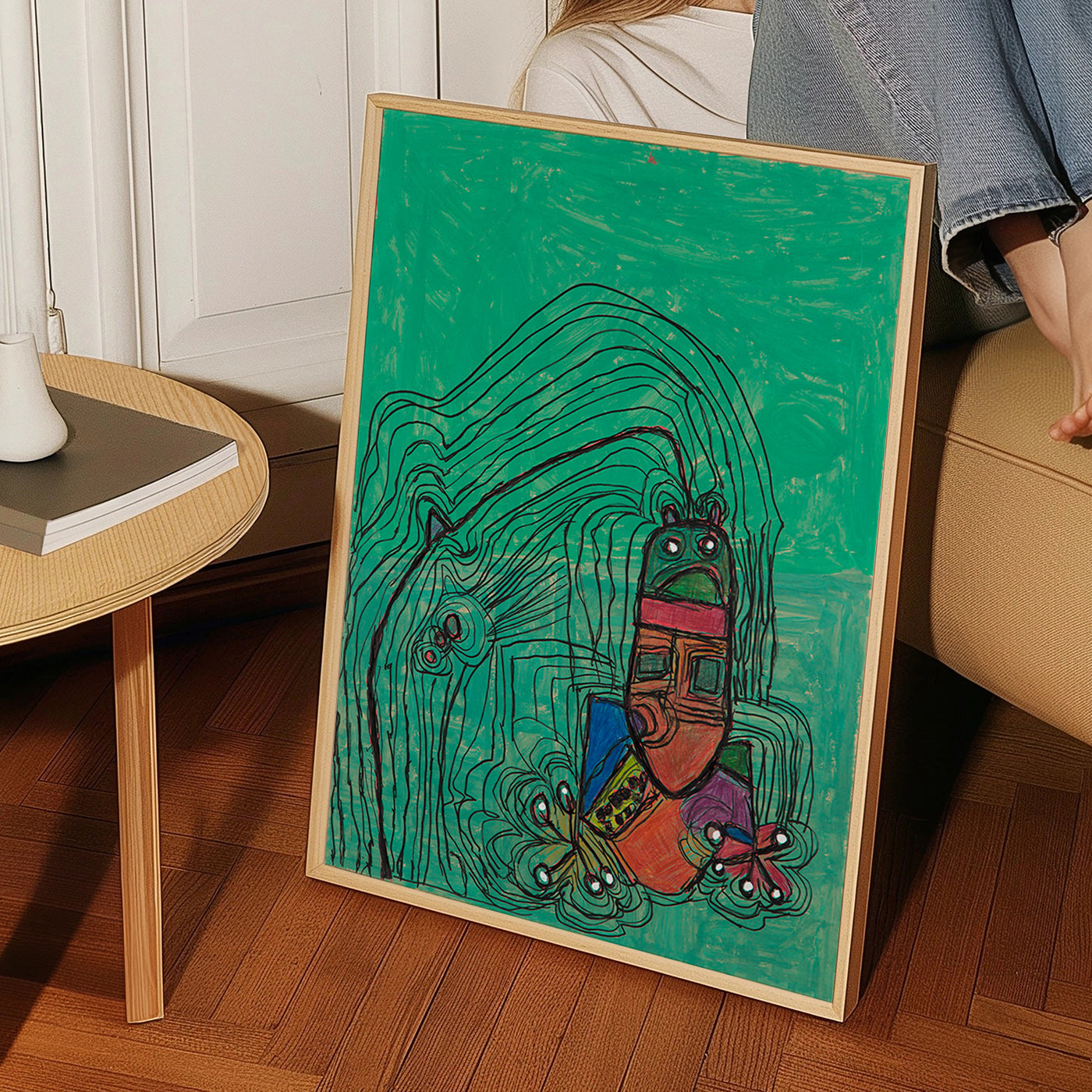 Speelse illustratie met figuur op groene achtergrond – Product3