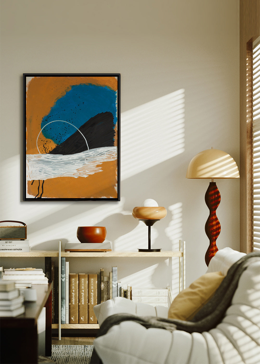 Abstraktes Bild Bogen an Küste in Ocker und Blau – Canvas2