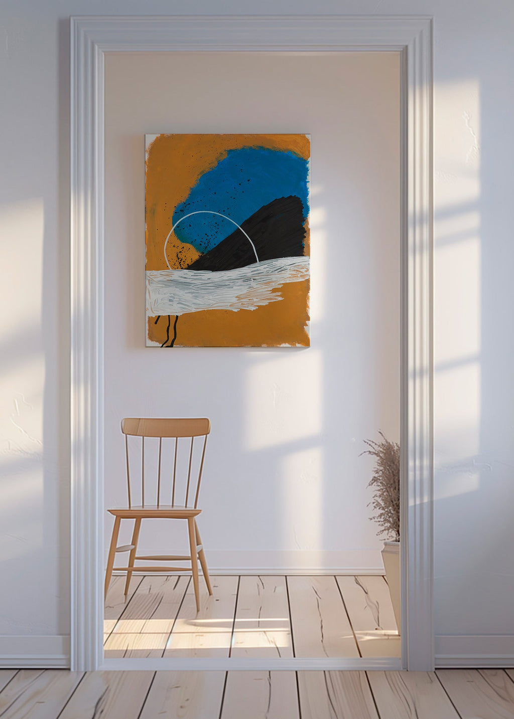 Abstraktes Bild Bogen an Küste in Ocker und Blau – Canvas