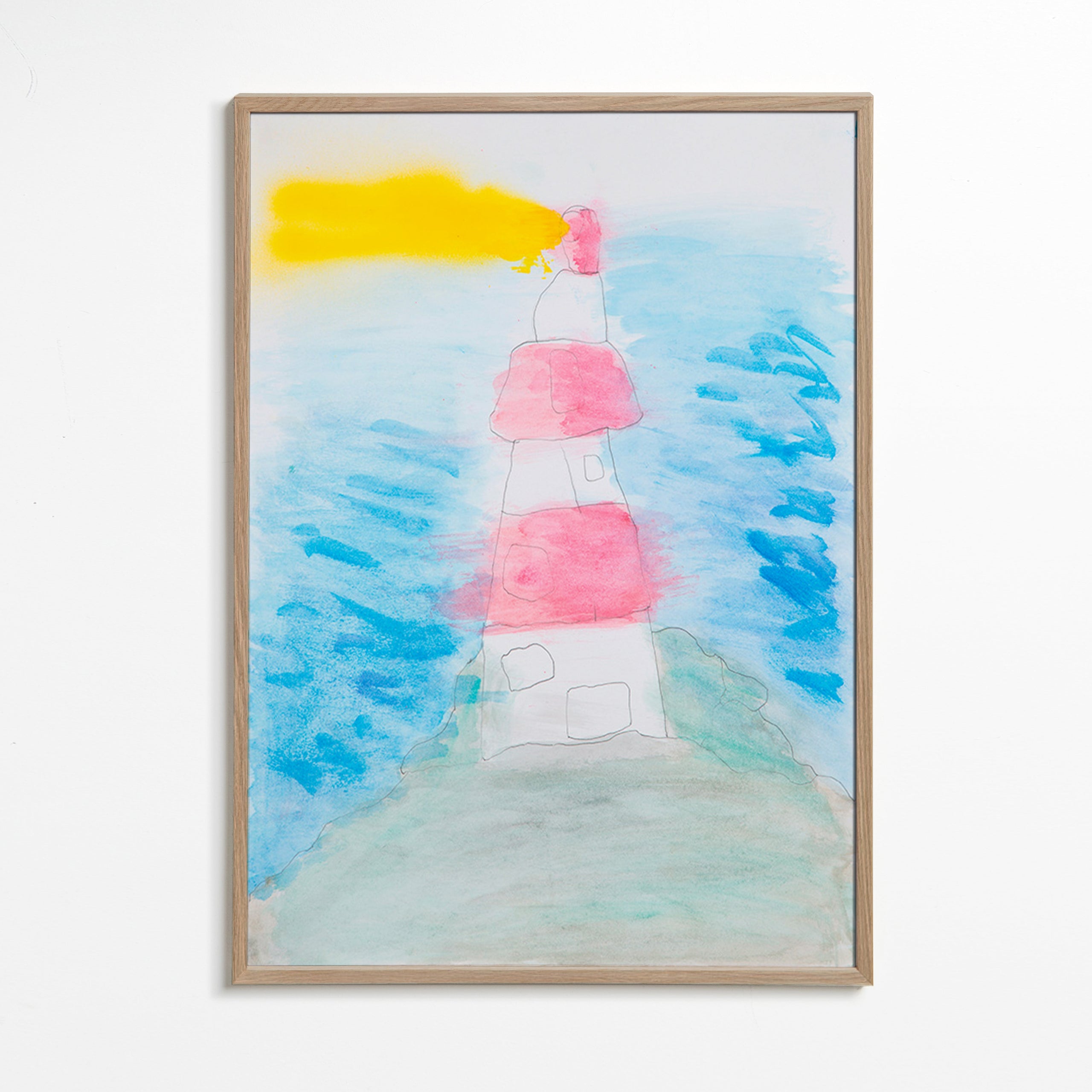 Landschaftskunst mit Leuchtturm in Aquarell – Oak Frame