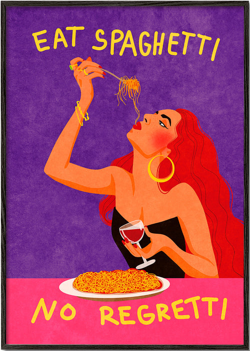 Keuken kunst pop-illustratie: vrouw eet spaghetti