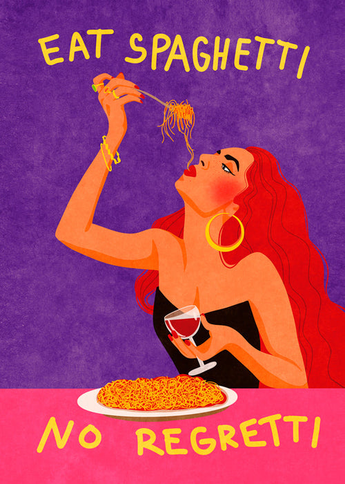 Keuken kunst pop-illustratie: vrouw eet spaghetti