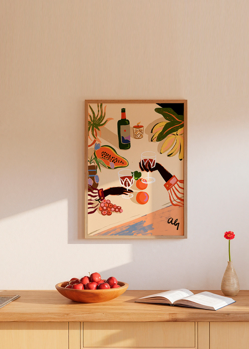Keuken kunst: geïllustreerde stilleven met wijn en fruit