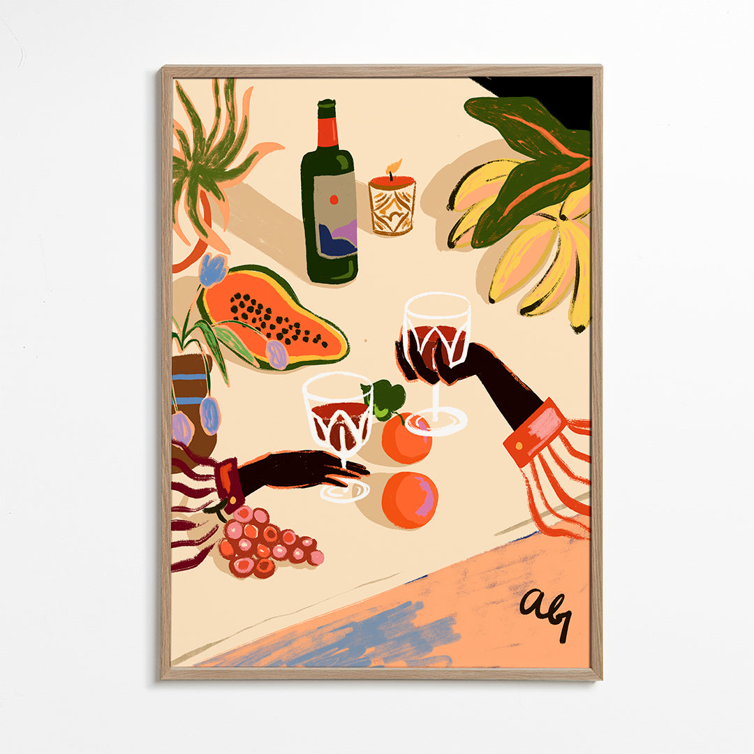 Keuken kunst: geïllustreerde stilleven met wijn en fruit