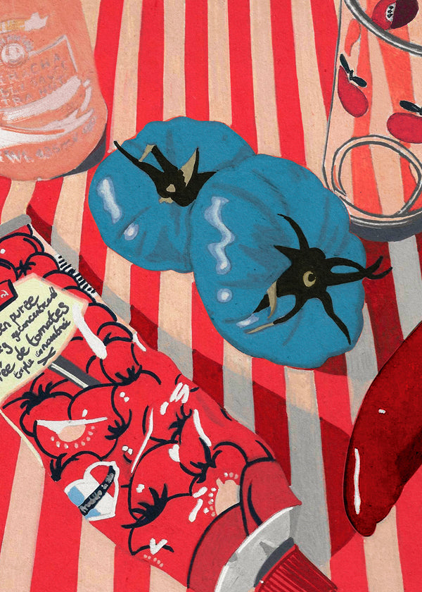 Keuken kunst stilleven met blauwe tomaten