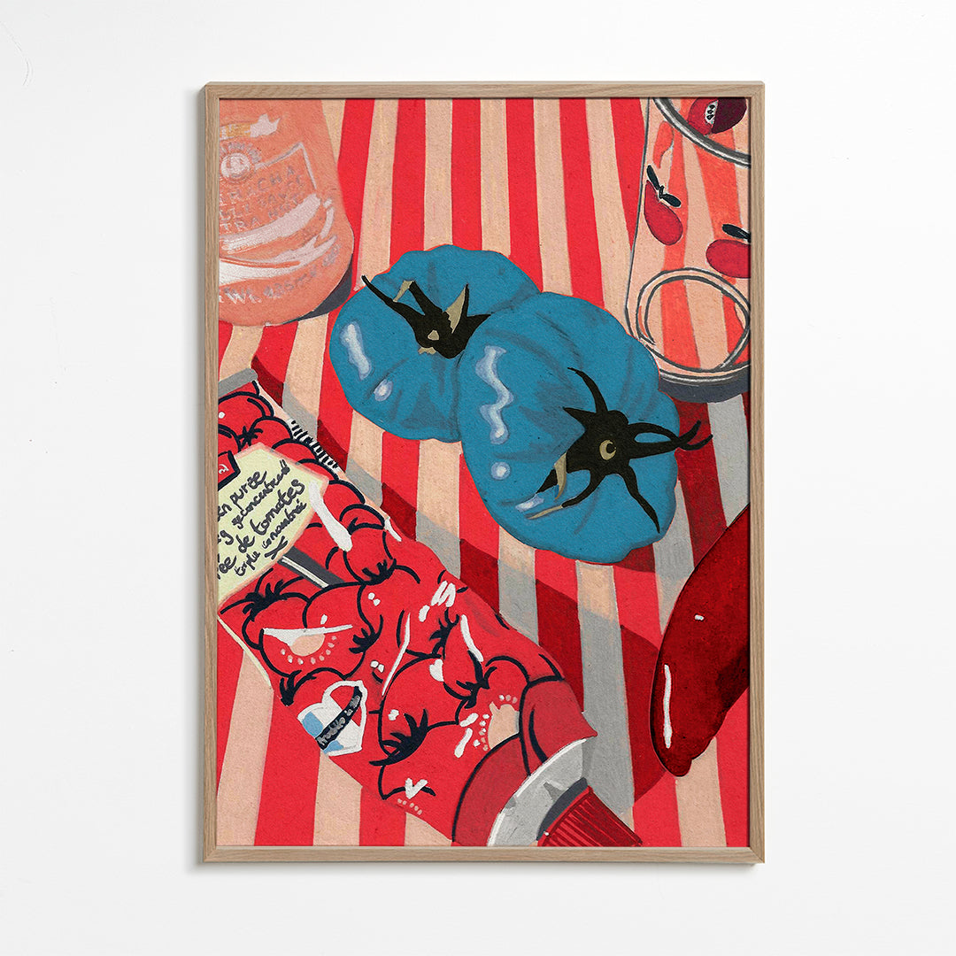 Keuken kunst stilleven met blauwe tomaten