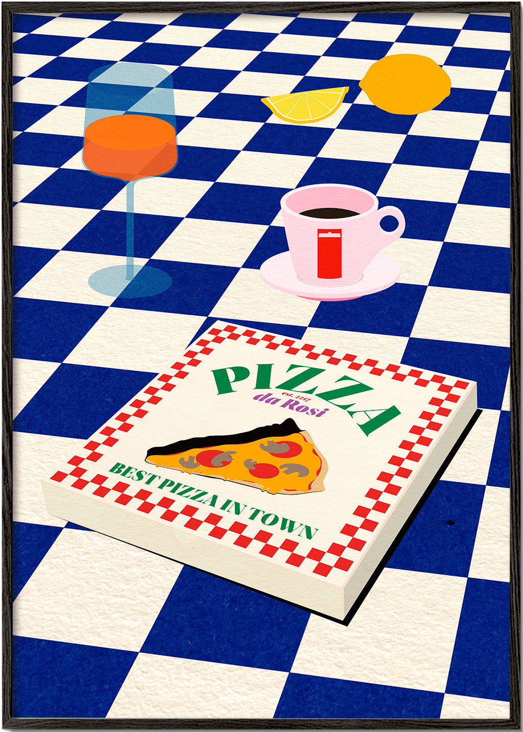 Keuken kunst met pizza en koffie op dambord