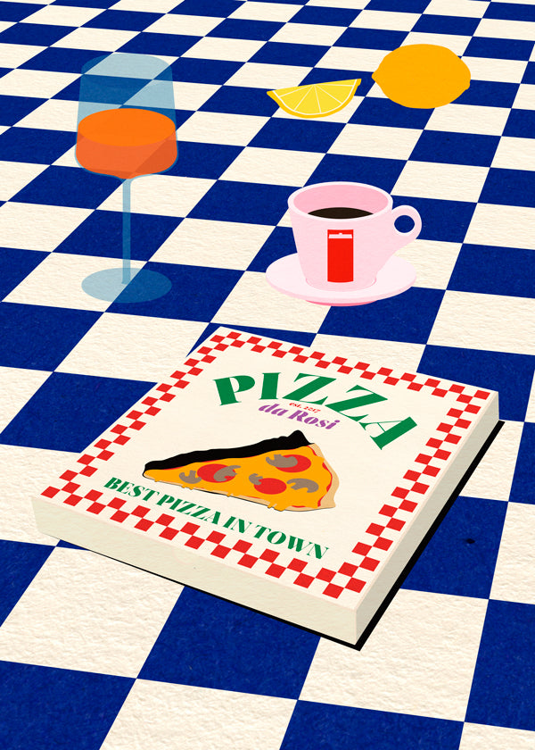 Keuken kunst met pizza en koffie op dambord