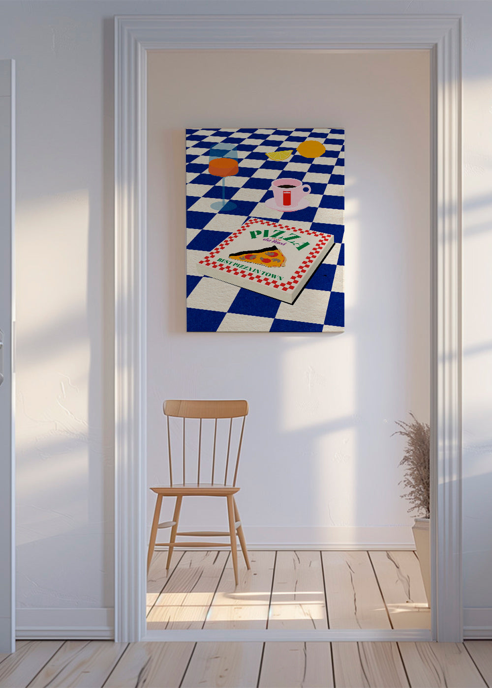 Keuken kunst met pizza en koffie op dambord