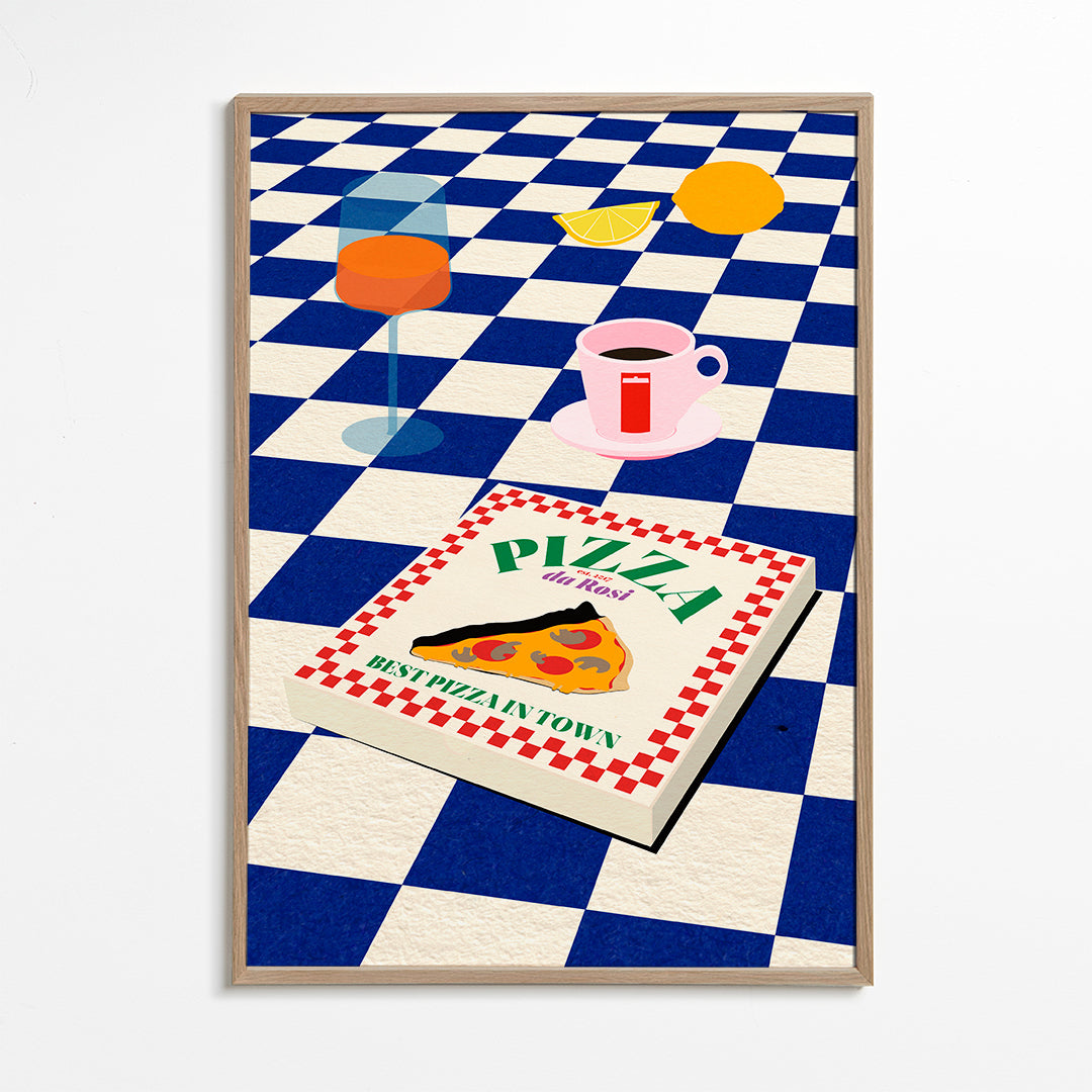 Keuken kunst met pizza en koffie op dambord