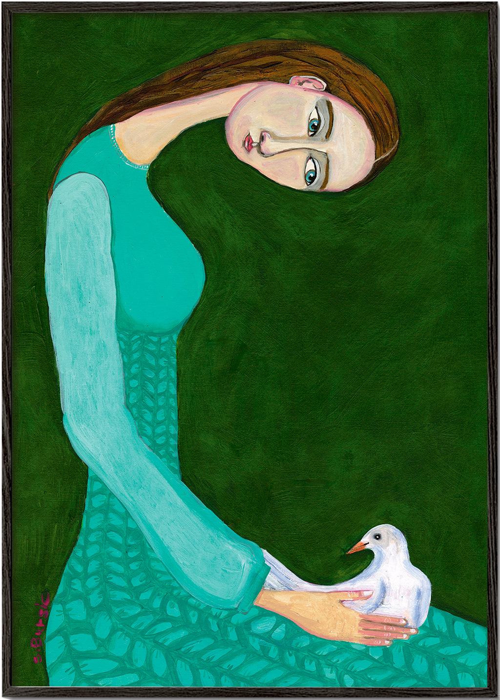 Lady sitting with white dove bird woman