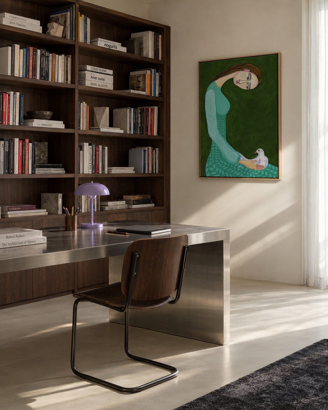 Lady sitting with white dove bird woman - Framed canvas in an interior