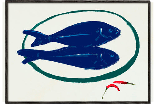 Keuken kunst met blauwe vissen en pepers