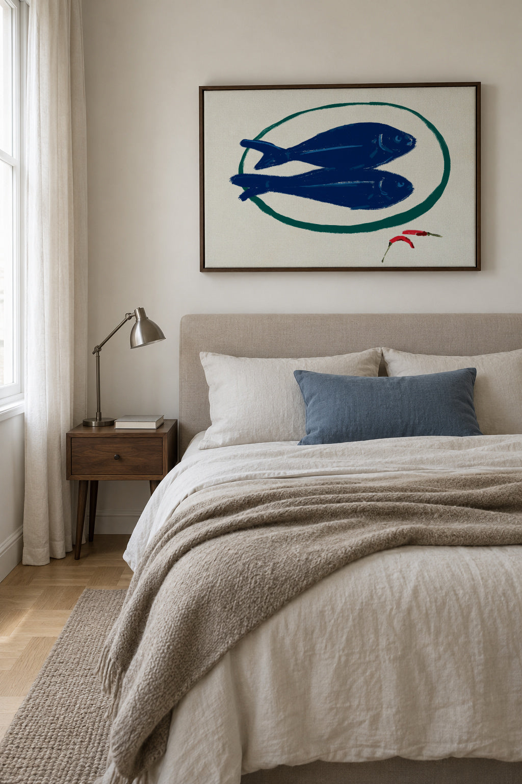 Blue fishes still life - Framed canvas in an interior