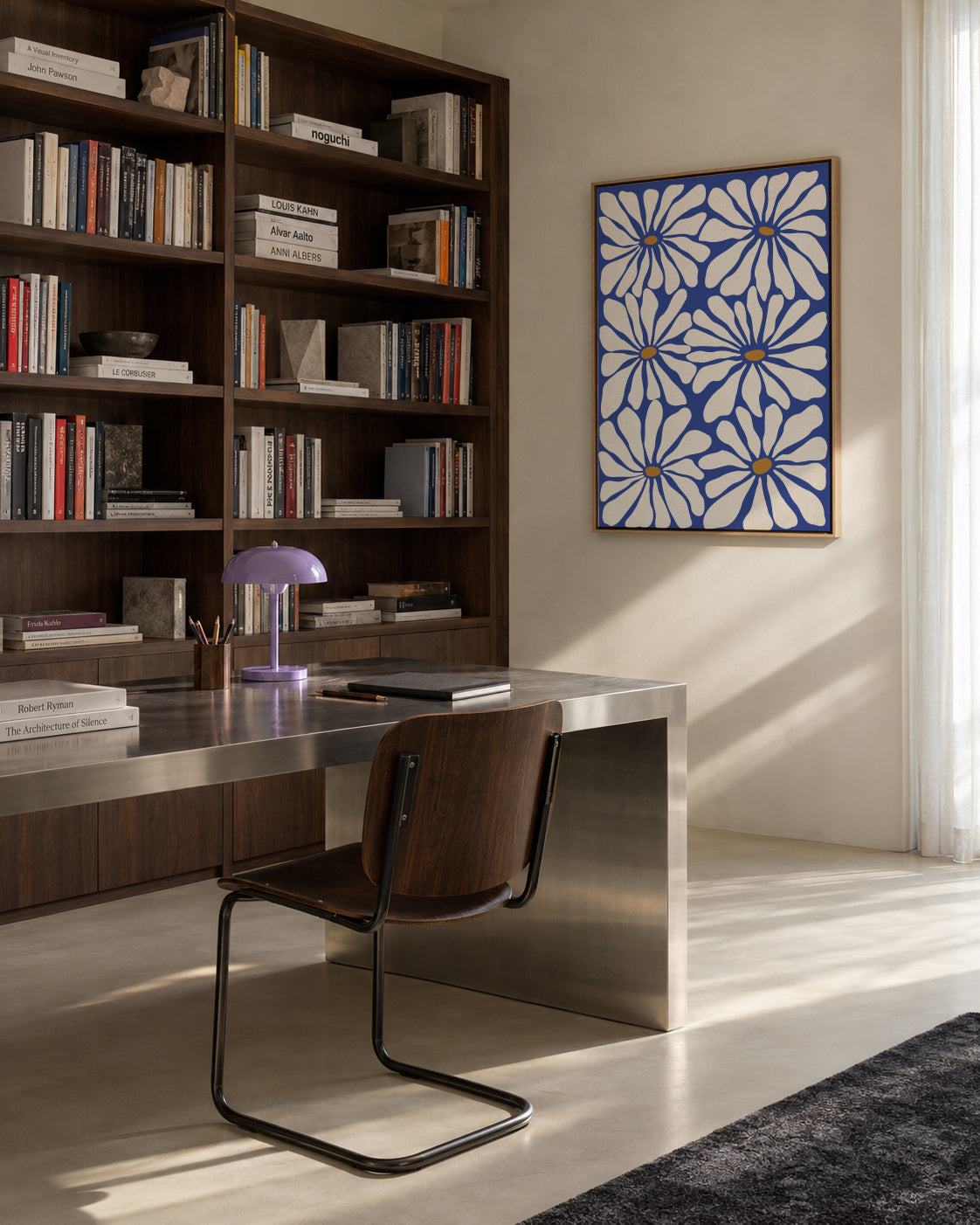 Sunny Floral Blue - Framed canvas in an interior