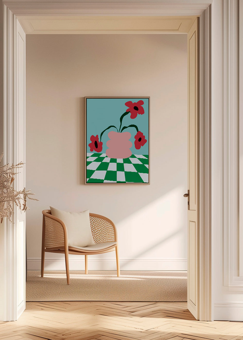 Botanische poster met bloemen in roze vaas
