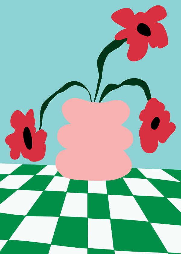 Botanische poster met bloemen in roze vaas