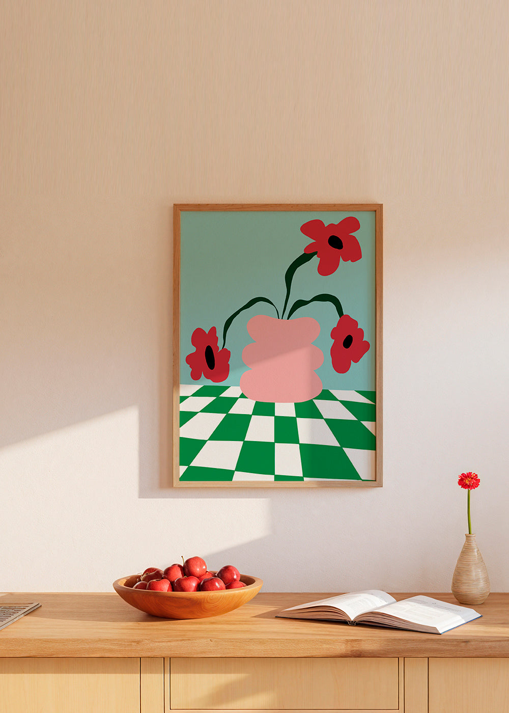 Botanische poster met bloemen in roze vaas
