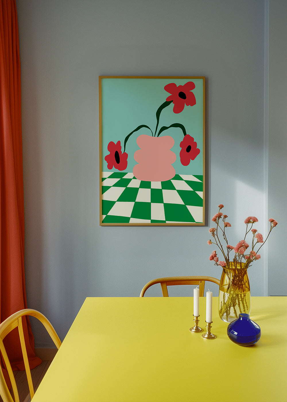 Botanische poster met bloemen in roze vaas