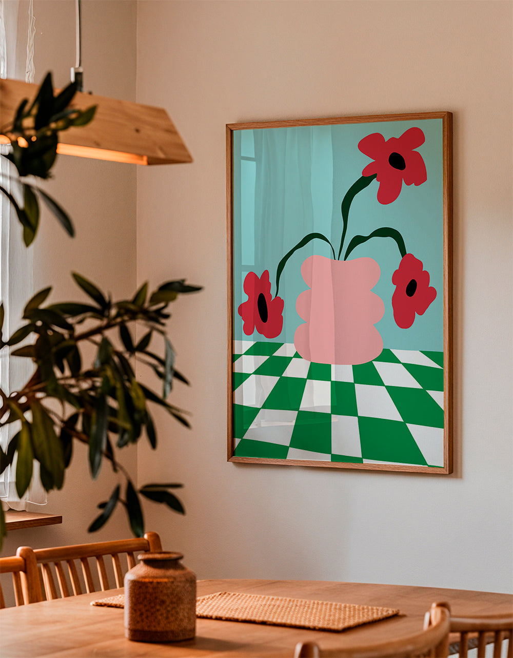Botanische poster met bloemen in roze vaas