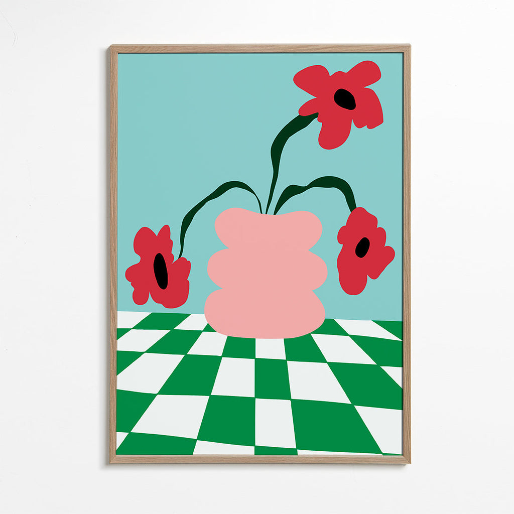 Botanische poster met bloemen in roze vaas