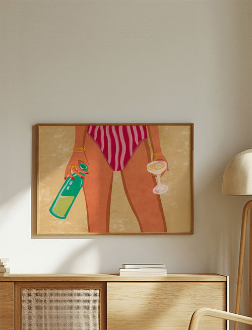 Illustratie van vrouw met wijn op het strand