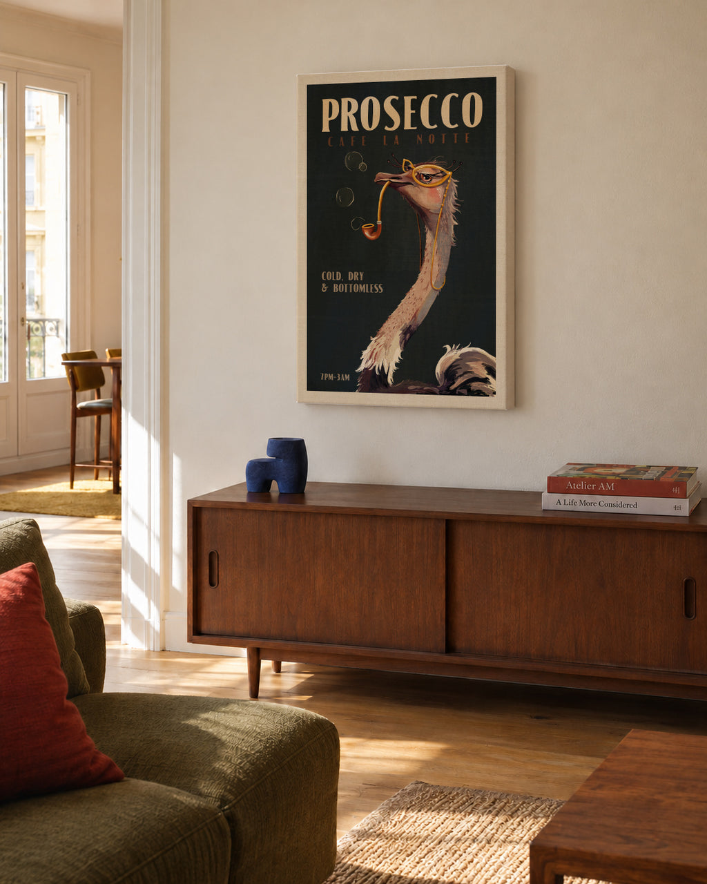Cute Art Deco Prosecco Poster Of An Ostrich - Unframed canvas in an interior