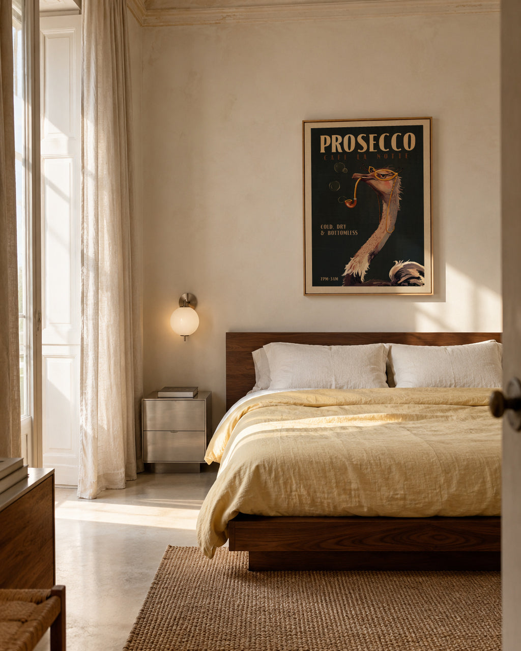 Cute Art Deco Prosecco Poster Of An Ostrich - Framed canvas in an interior