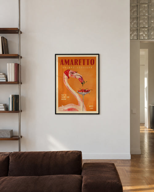 Amaretto Flamingo Art Deco Italian Cafe Travel Art - Framed poster in an interior
