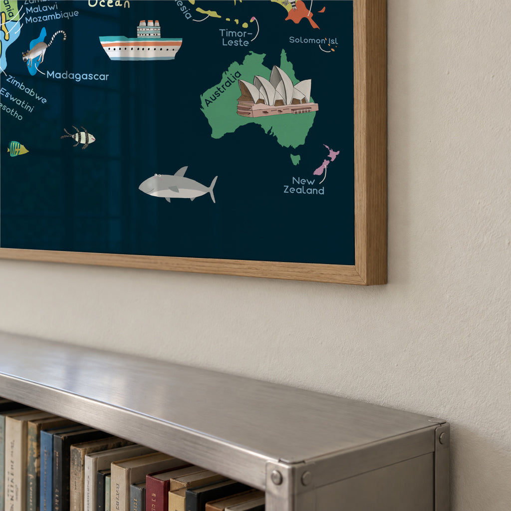 Educational Illustrated Map of the World for Kids - Framed poster detail