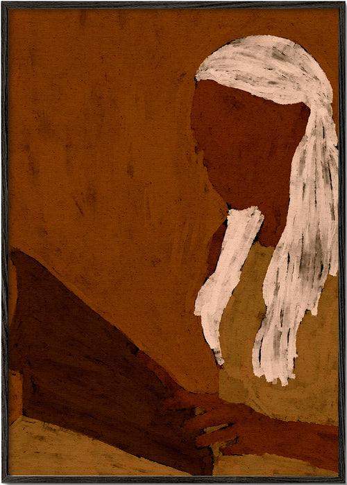 Abstracte kunst: figuur lezend in aardetinten