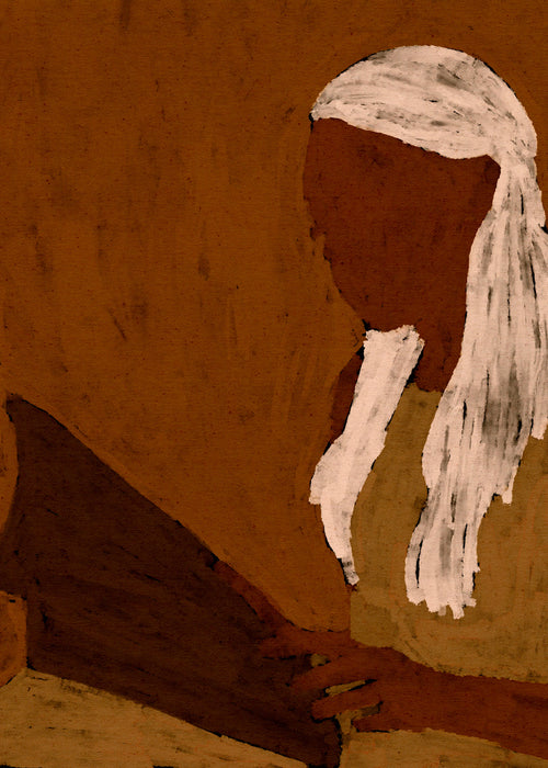 Abstracte kunst: figuur lezend in aardetinten