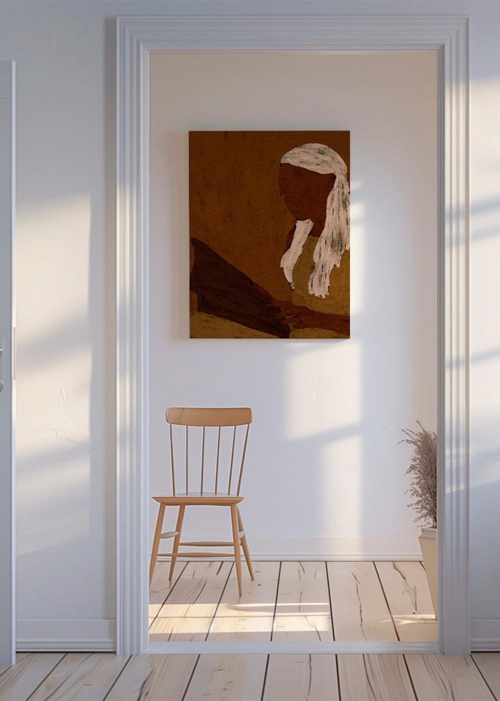 Abstracte kunst: figuur lezend in aardetinten