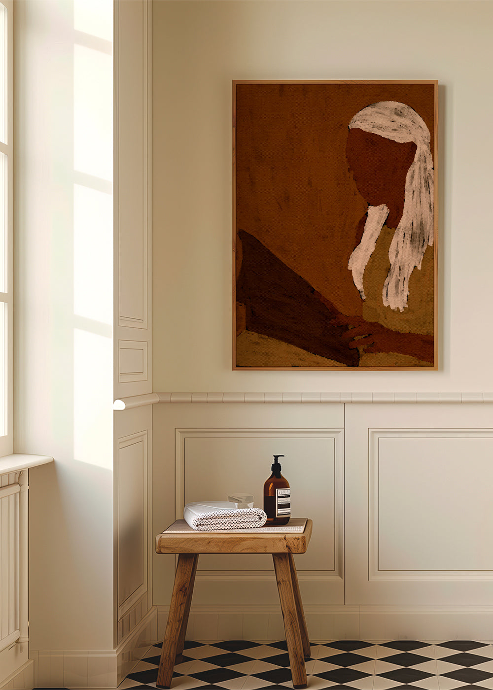 Abstracte kunst: figuur lezend in aardetinten