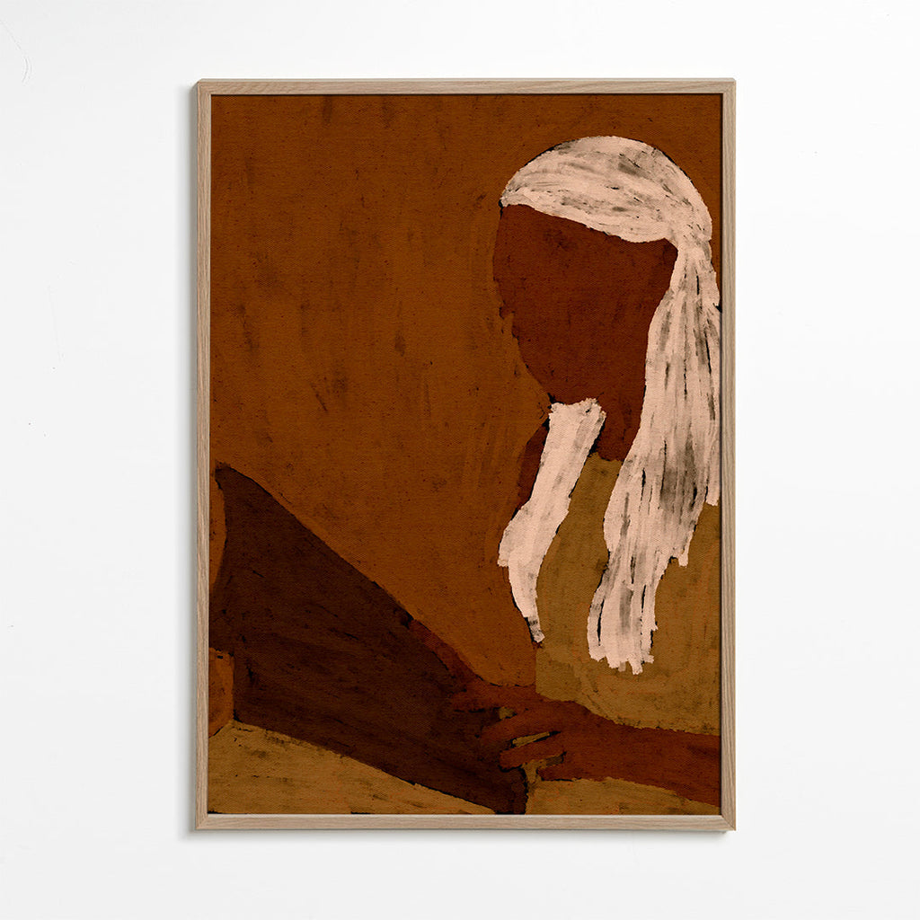 Abstracte kunst: figuur lezend in aardetinten