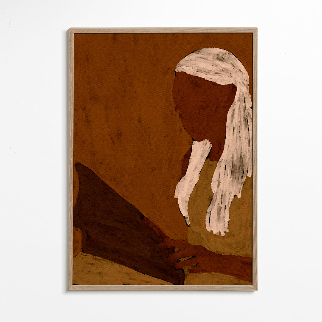 Abstracte kunst: figuur lezend in aardetinten