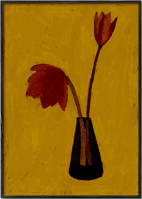 Botanische print met rode tulpen op geel veld