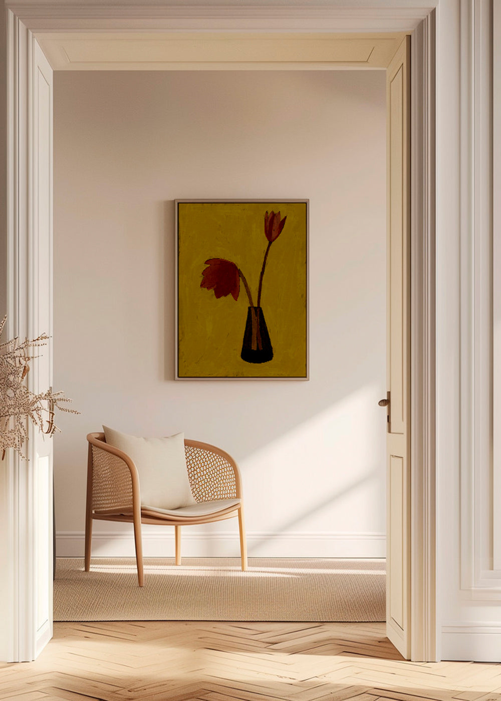 Botanische print met rode tulpen op geel veld