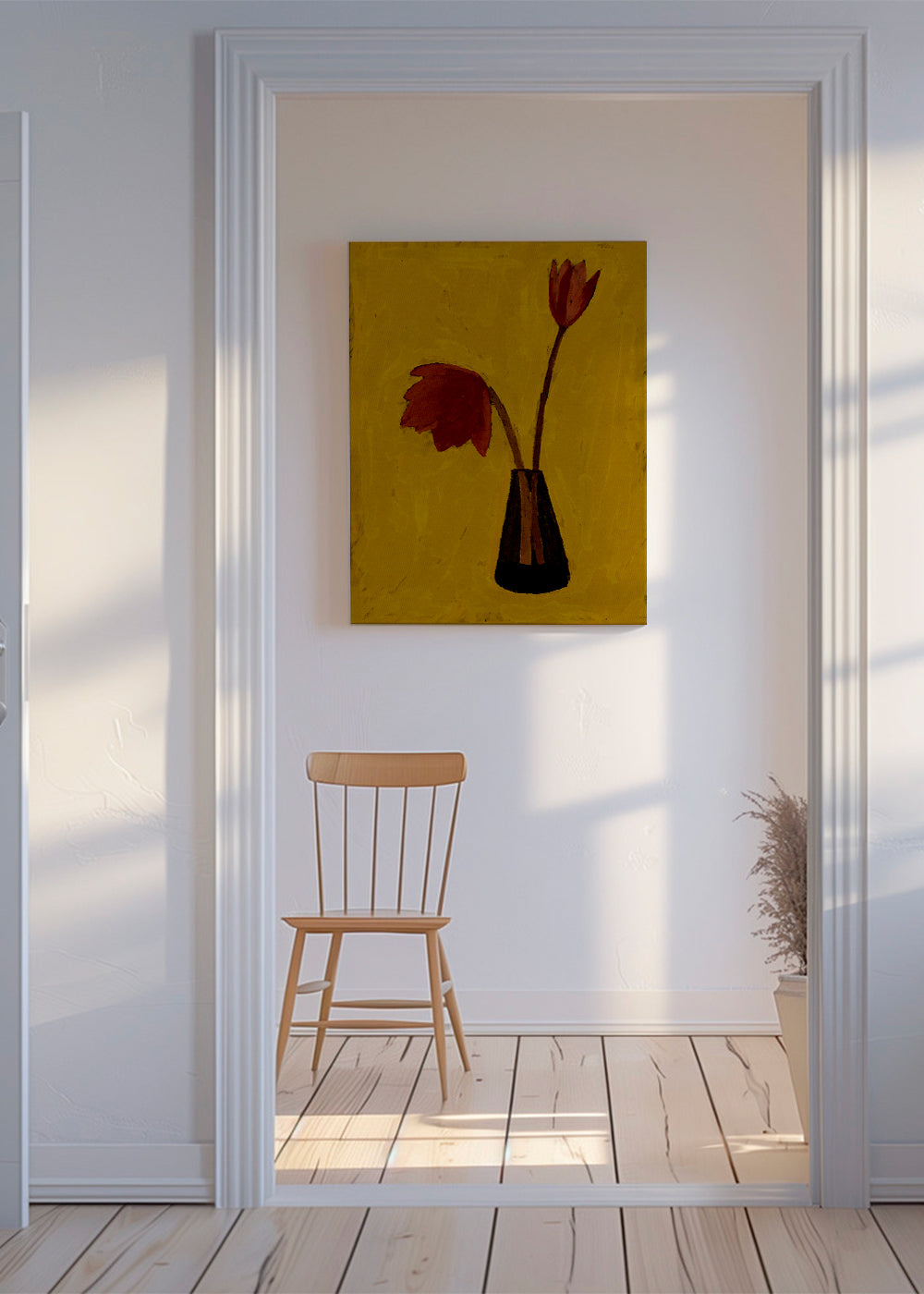 Botanische print met rode tulpen op geel veld