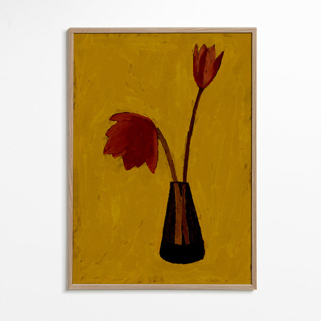 Botanische print met rode tulpen op geel veld