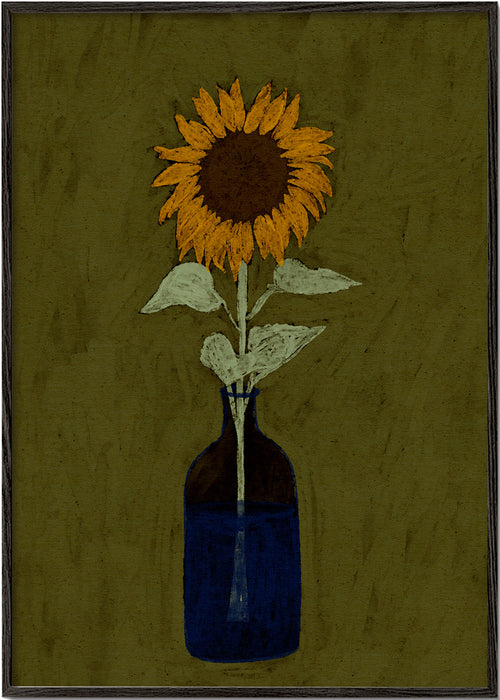 Botanische poster: zonnebloem in blauwe vaas