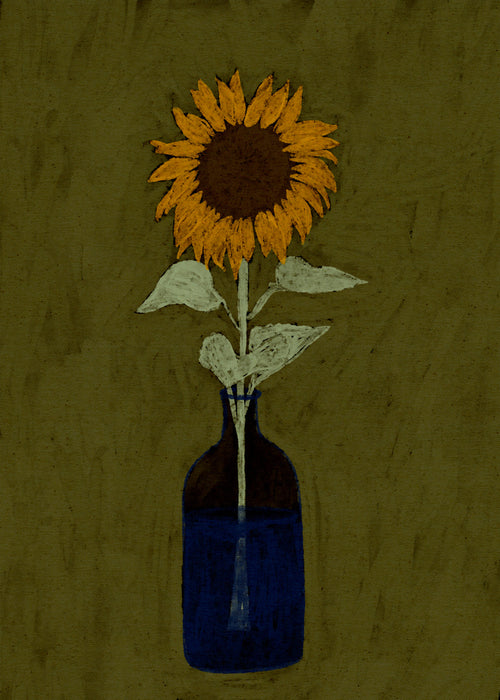 Botanische poster: zonnebloem in blauwe vaas