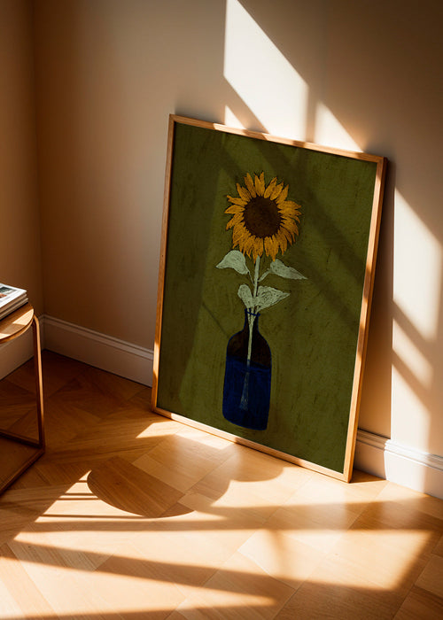 Botanische poster: zonnebloem in blauwe vaas