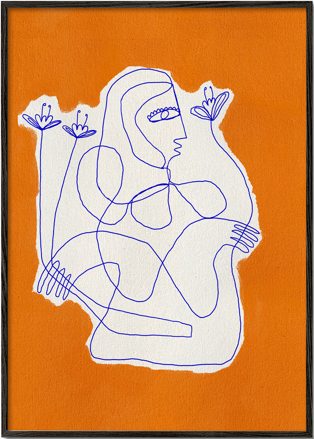 Illustratie: lijnfiguur met bloemen op oranje
