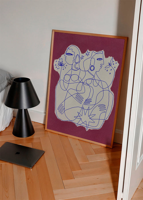 Lijnillustratie van twee figuren op gescheurd papier