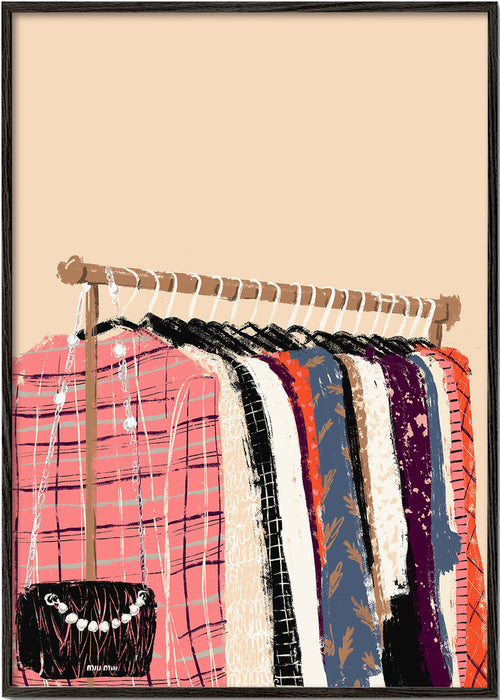 Illustratie kledingrek met modeitems