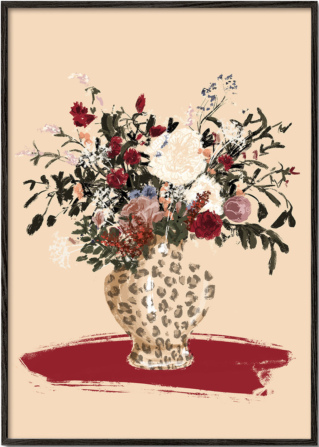 Botanische poster: luipaardvaas met kleurrijk boeket