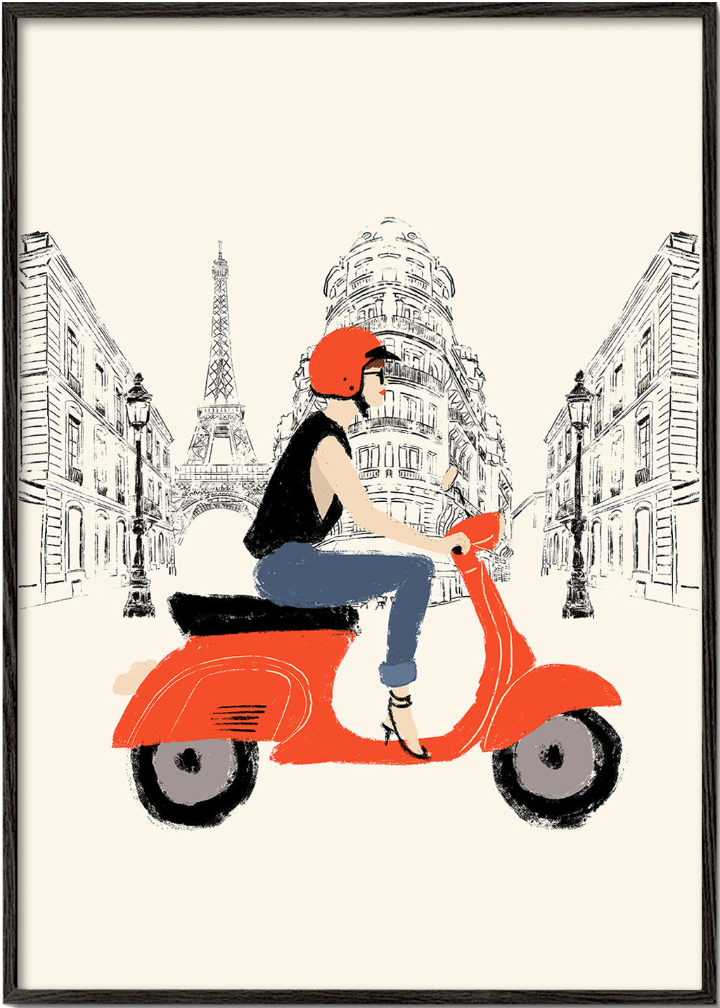 Reisposter met rode scooter in Parijs