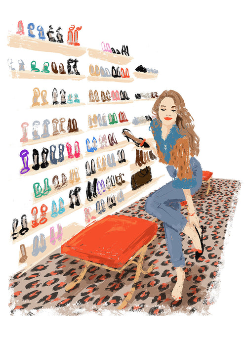 Illustratie schoenenwinkel met patroon vloerkleed